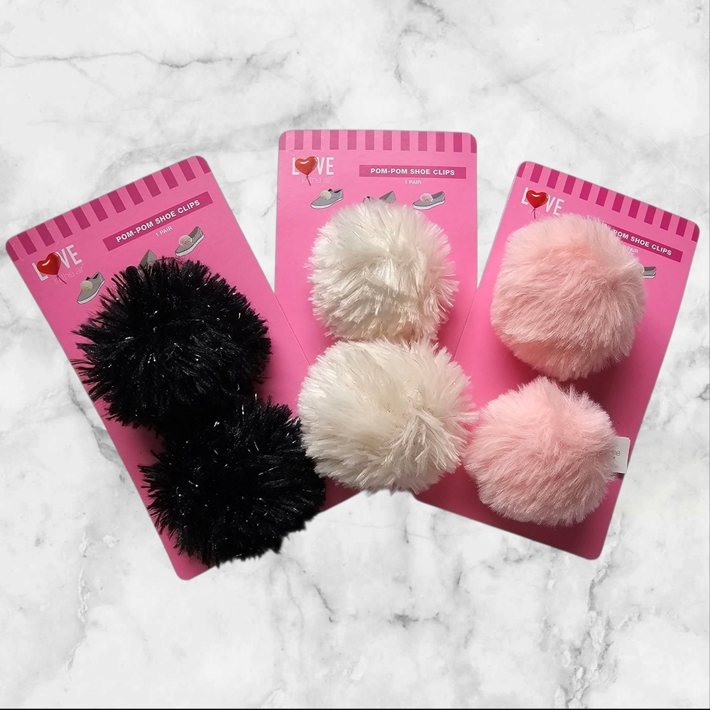 Pom Pom Shoe Clips Set - Black, Cream, Pink Bundle